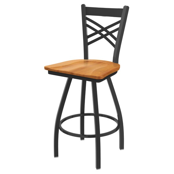 36" Swivel Bar Stool, Pewter Finish, Med Maple Seat
